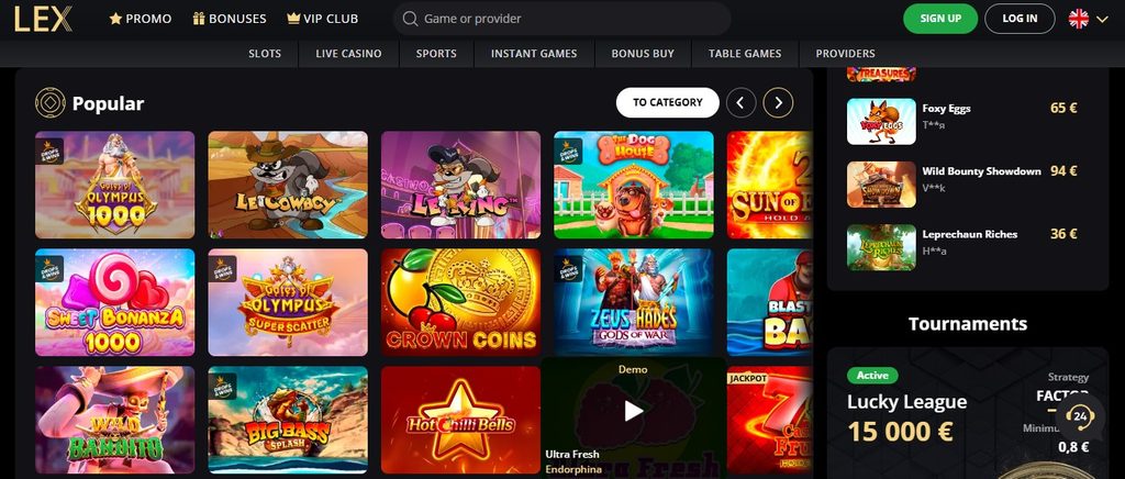 Lex Casino game information, spin counter beside the reel grid